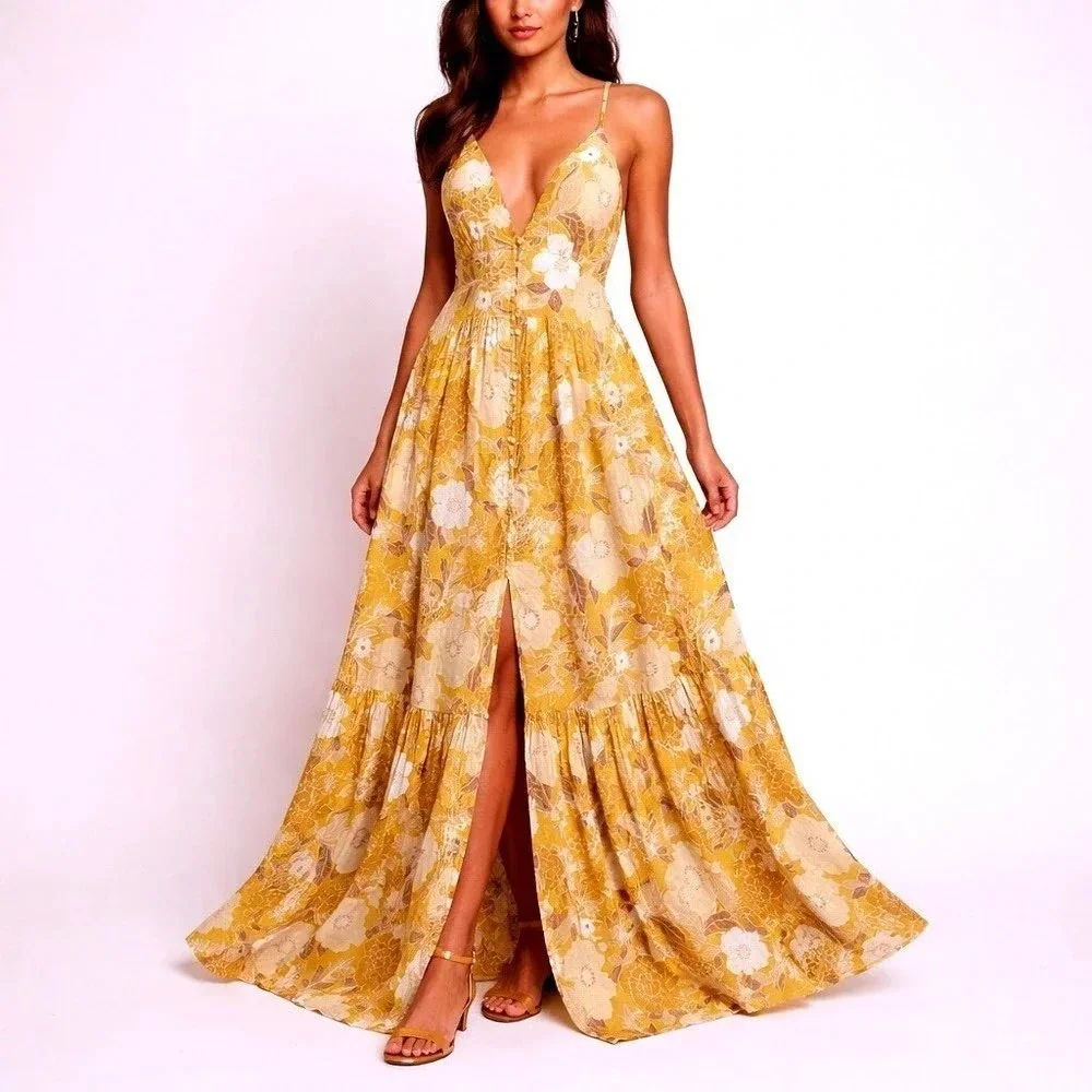 Abercrombie & Fitch Linen Floral Button Through Maxi Dress Yellow - XSmall